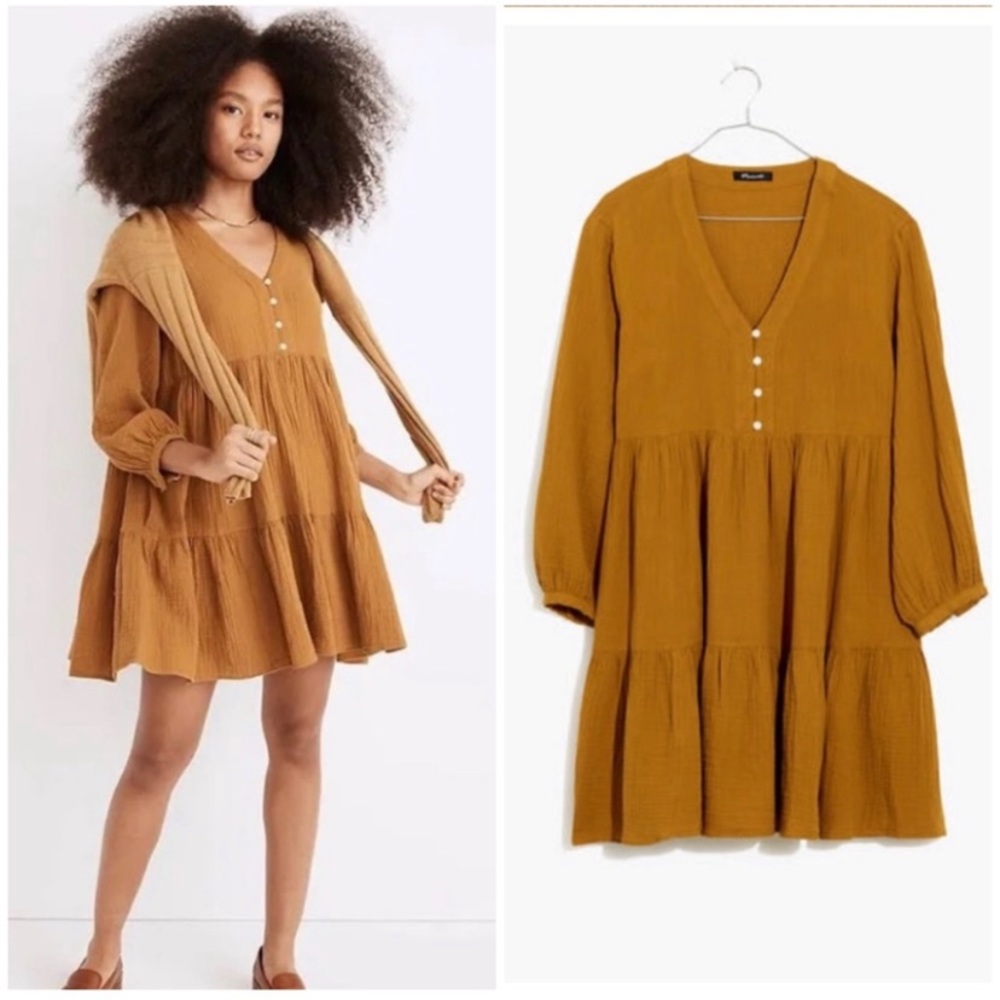Madewell Mustard Tiered V-Neck Babydoll Dress